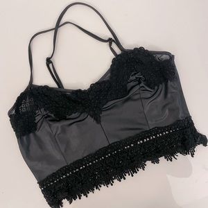 Lace trim Faux leather Cami top black